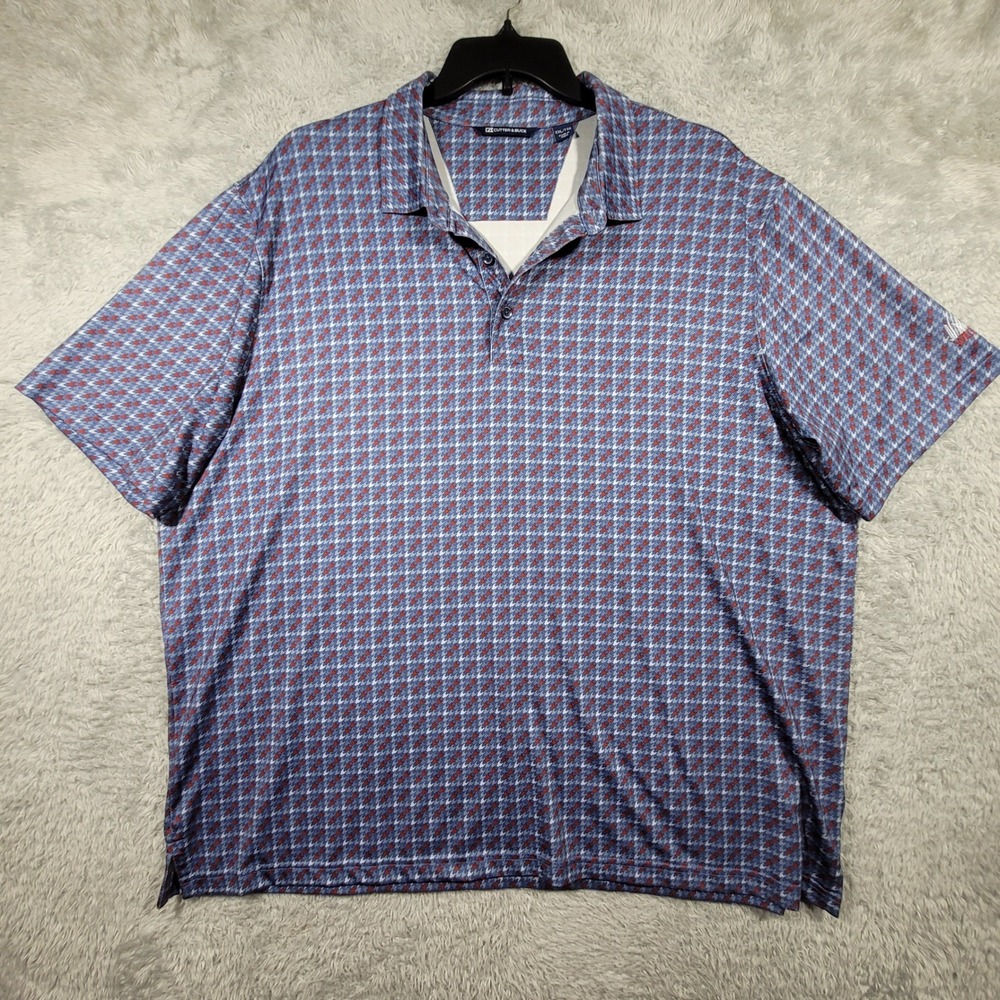 Cutter & Buck Polo‎ Shirt Mens XXL Blue Geometric Houndstooth Stretch MCK01056